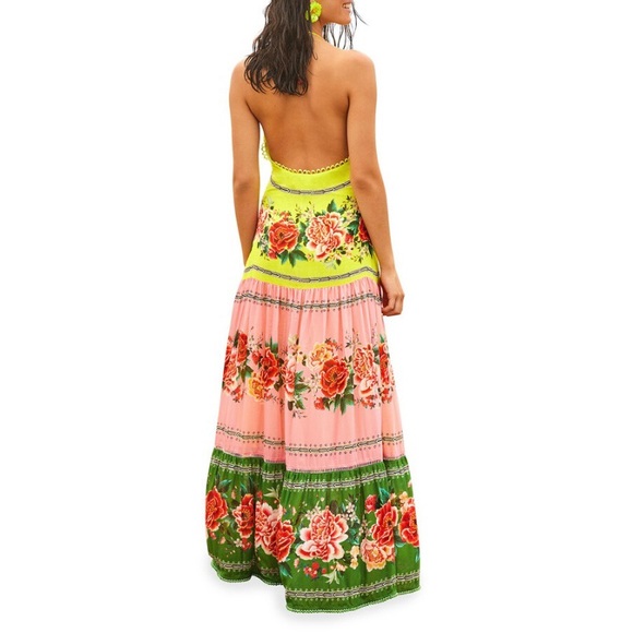 COPY - Farm Rio Manuela Floral Pastel Dress Yellow Pink Green Halter Maxi New S… - Picture 7 of 12